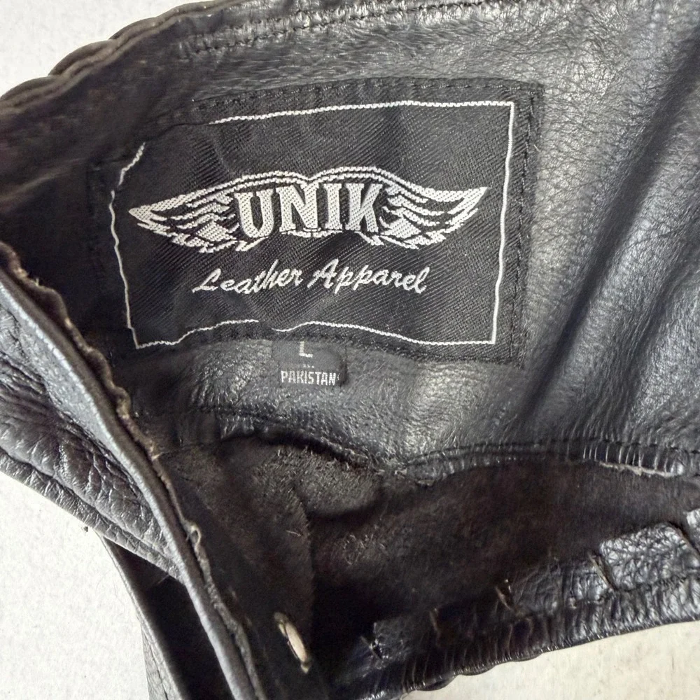 UNIK Black Leather Motorcycle Chaps Braided Trim Adjustable Waist Size L Mens